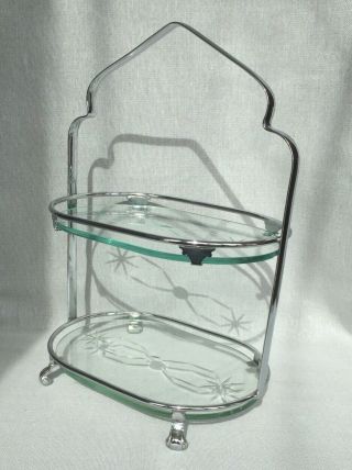 Vintage Art Deco Two Tier Etched Glass & Chrome Cake Stand Sandwich Serving Tray 3