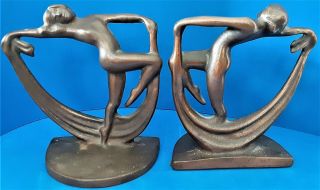 Antique Art Deco Cast Iron Bronze Look Nude Lady Scarf Dancer Bookends