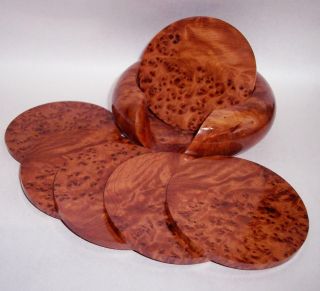 Vintage Art Deco Style Burl/burr Wood Table Coasters & Holder Lovely Graining