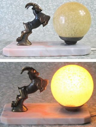 Vintage French Art Deco Table Mood Lamp Marble Bronzed Spelter Glass Globe Goat
