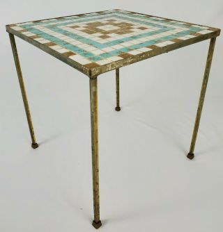 Mid - Century Modern Glass Mosaic Tile Gold Metal Accent Table California Mission