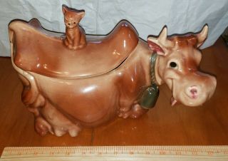 Vintage Brush Mccoy Pottery Cow Cookie Jar With Cat On Lid