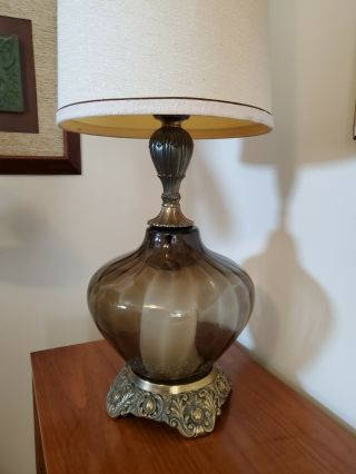 Vtg.  Mid Century Optic Smoke Glass & Brass Table Lamp W/night Light