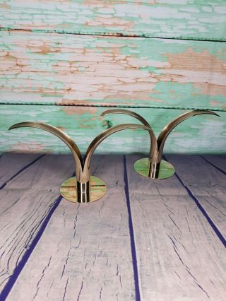 Pair Vintage Sweden Lily Brass Candle Holders Mid Century Modern Art Deco