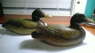 Pair Vintage Hand Painted Wooden Duck Decoy Glass Eyes
