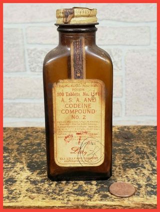 Vintage Codeine A.  S.  A Compound No.  2 Tablets Eli Lilly 5 Inch Glass Bottle Empty