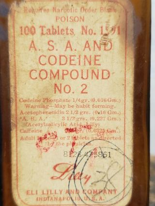 Vintage Codeine A.  S.  A Compound No.  2 Tablets Eli Lilly 5 Inch Glass Bottle Empty 2