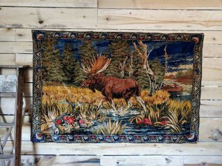 Huge Vintage 6ft X 4ft Moose Velvet Tapestry Wall Hanging Art Cabin Lodge Decor