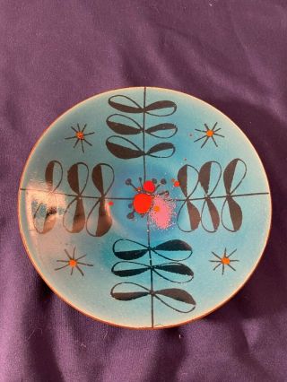 Vintage Mod Mid Century Signed Edward Winter Enamel On Copper Dish Blue Retro