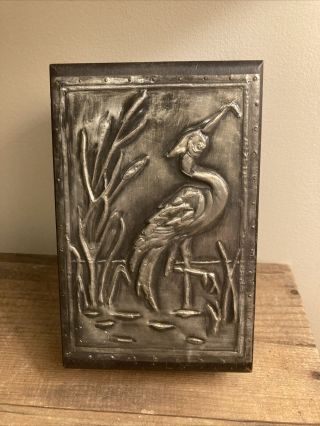 Arts And Crafts Style Pewter Topped Wood Box With Stork Decoration