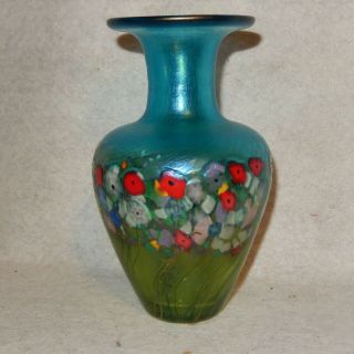 Signed Robert Held Art Glass Vase Vintage Iridescent Flowers Poppies Blown Wild