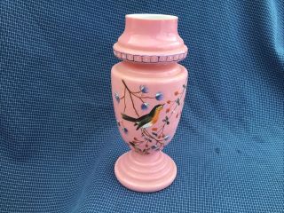 Hand Painted Bird Victorian Pink Opaline / Milk Glass Vase