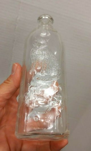 Antique Nursing Baby Bottle Cat & 2 Kittens Theme Clear Glass Embossed 8 Ounce