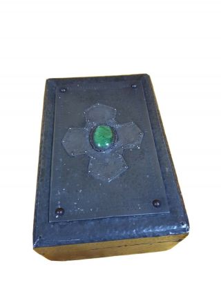 Antique Arts & Crafts Hammered Pewter Box With Green Ceramic Ruskin Stone