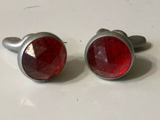 2 Vintage RED GLASS JEWEL Bicycle CAR Motorcycle OLD License Plate Reflectors 5 2