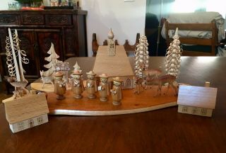 Vintage Wooden German Erzgebirge Christmas Village Carolers Trees Deer Candle
