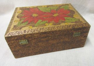 ARTS & CRAFTS PYROGRAPHY (WOOD BURNING) BOX WITH PAINTED POINSETTIA 2