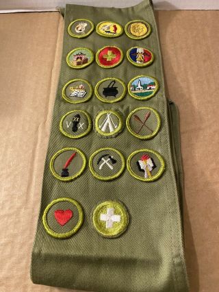Vintage Boy Scout Bsa Sash Green With 17 Merit Badges Patches