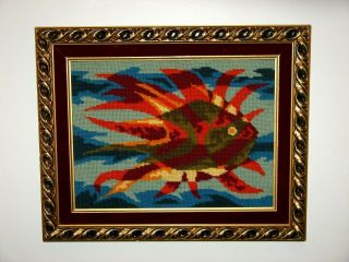 Vintage Mid Century Modernist Abstract Fish Needlepoint Wall Hanging Art