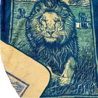 Vintage San Marcos Blanket Lion Tiger Print Green Yellow El 82x82