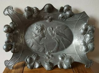 Art Nouveau Pewter Calling Card Tray Maiden And Parrot