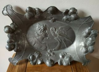 Art Nouveau pewter calling card tray Maiden and parrot 3