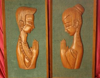 2 Vintage Mid Century Carved Teak Wall Art Pair Set Man & Woman Praying 20 "