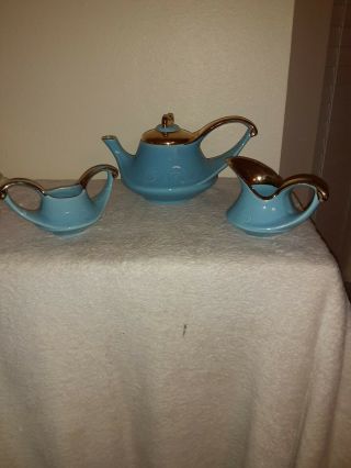 Mid Century Modern Pearl China Vintage Tea Set Pot - Sugar - Creamer Aqua Blue Gold
