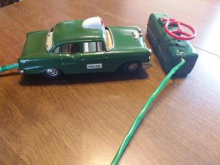 Vintage 1950s Line Mar Toy Tin Battery Operated Green Police Car