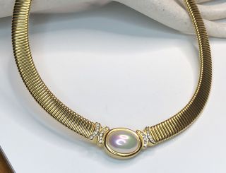 Vintage Christian Dior Faux Pearl & Rhinestone Gold Tone Omega Choker Necklace