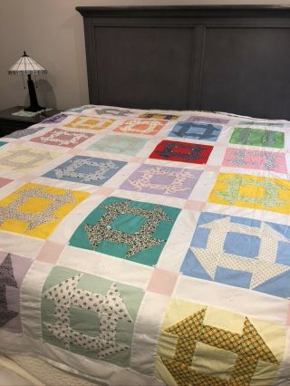 Vintage Handmade Patchwork Quilt Queen Bedspread Greek Square Hand Ties 89 " Sq