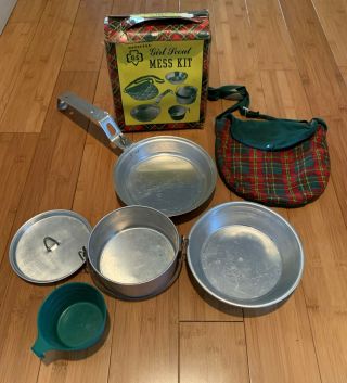 Vintage Girl Scout Mess Kit With Plaid Carrying Bag & Box