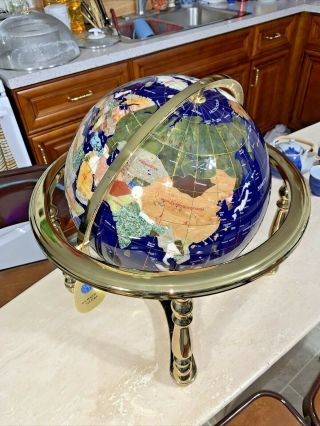 Vintage Large Gemstone World Globe Sea Brass Stand & Compass.