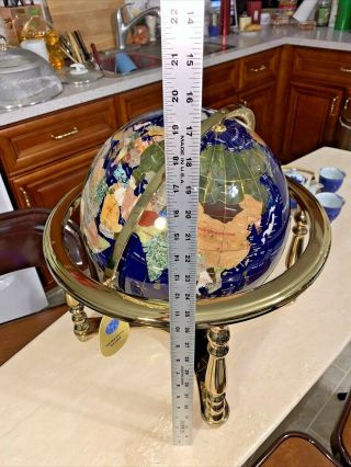 Vintage Large Gemstone World Globe Sea Brass Stand & Compass. 2
