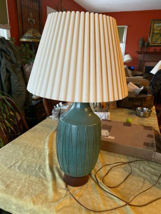 Turquoise Drip Glaze Vintage Mid Century Modern Ceramic Lamp Wi/ Walnut Base Mcm