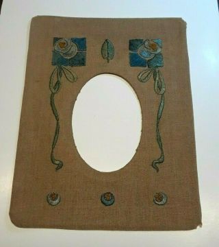 Antique Arts & Crafts Embroidered Linen Picture Frame Mat