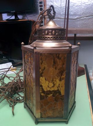 Vintage Hollywood Regency Brass Hanging Swag Pendant Lamp Amber Glass Spanish
