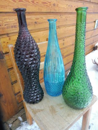 3 Vintage Rossini Empoli Glass Italy Genie Bottle 1 Purple Diamond 1 Blue1 Green