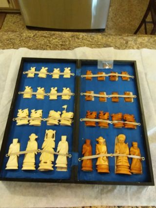 Vintage Chinese Hand Carved Bovine Bone Chess Set Folding Wood Box Board