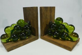 Vtg Mid Century Modern Green Grape Bookend Set 2 Lucite Acrylic Resin Wood