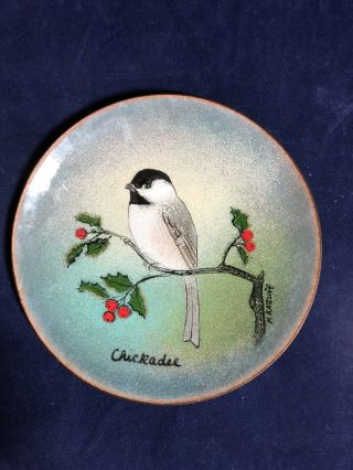 Vtg Mid Century Enamel On Copper Chickadee On Holly 4 1/4 " Plate By M.  Ratcliff