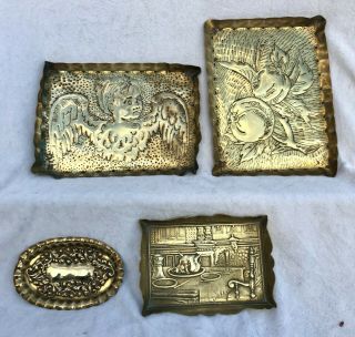 4 X Antique Arts & Crafts Small Brass Trays - Cherub