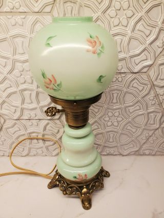 Vtg Gone With The Wind Hand Painted Green Pink Roses Glass 3 Way Hurricane Lamp