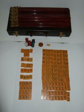 Vintage Mah Jong Set In Case Bakelite Tiles & Trays