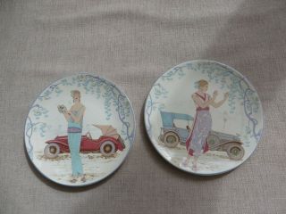 2 Art Nouveau Style Poole England Plates 162& 160 Lady With Car Decorators Old