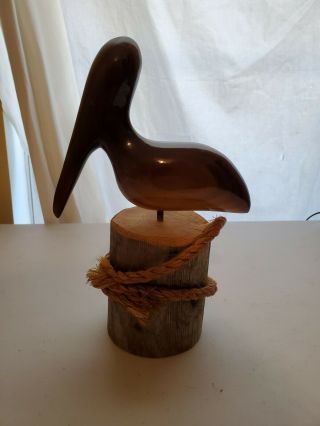 Vintage Hand Carved Wood Pelican Ocean Bird On Post Sculpture Figure Beach Decor