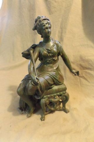 Antique Vintage Cast Spelter Art Nouveau Statue Seated Woman Trumpet Losses