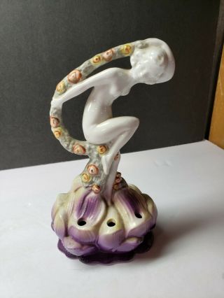 Stunning German Art Deco Nude Lady Flower Frog Figurine