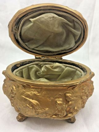 Antique Art Nouveau Gold Gilt Metal Jewelry Dresser Box Ship Sirens Griffin Swan