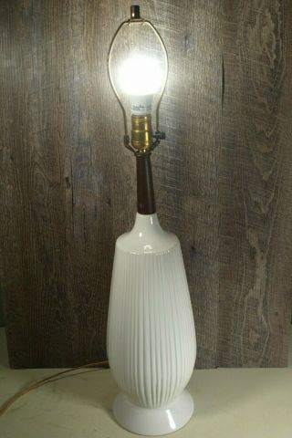 Vintage Mid Century Modern White Ceramic & Teak Table Lamp Danish Eames Era